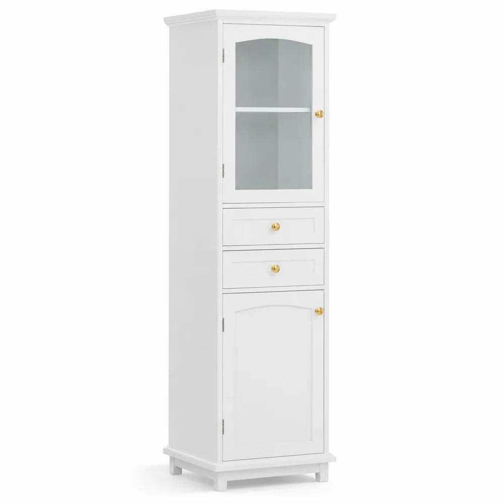 Hoher Schrank mit Glas- und Holztüren, Weiß