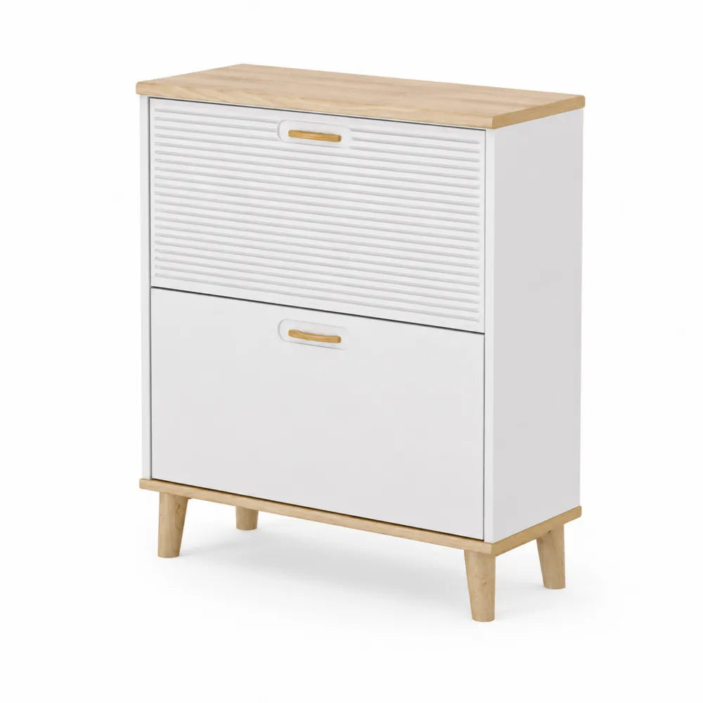 Schuhschrank aus MDF Weiß mit Eichenfurnier 2 Fächer 80cm