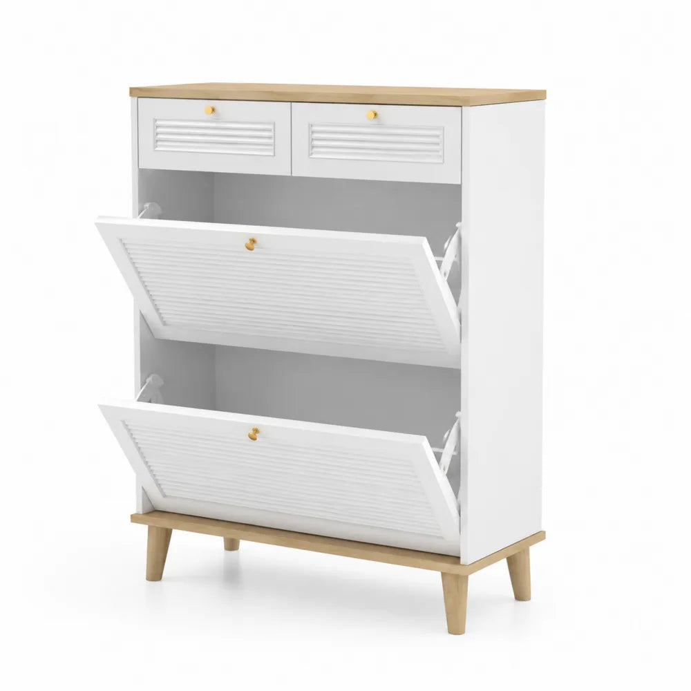 Schuhschrank aus MDF in Weiß und Eiche mit 2 Klappen und Schubladen
