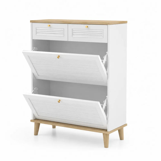 Schuhschrank aus MDF in Weiß und Eiche mit 2 Klappen und Schubladen
