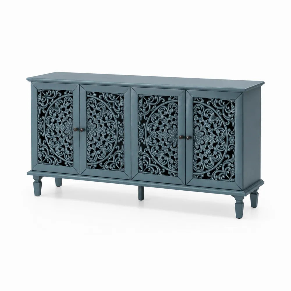 Sideboard Blau Holz mit MDF-Schnitzerei 120x40x85 cm