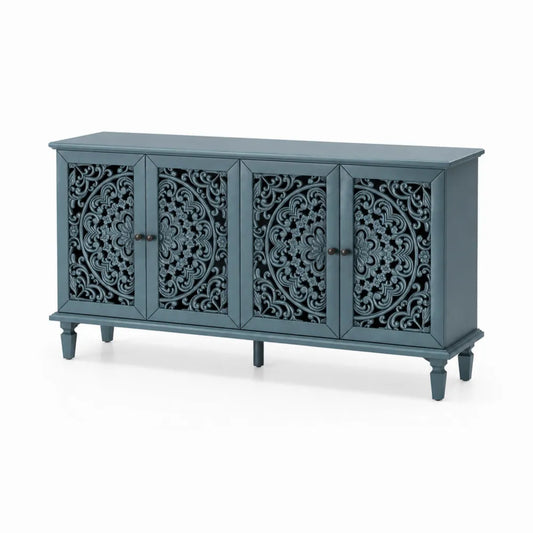 Sideboard Blau Holz mit MDF-Schnitzerei 120x40x85 cm